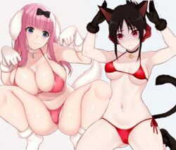 2girls armpits arms_up bangs bare_shoulders barefoot bell_collar bikini black_bow black_hair blue_eyes blunt_bangs blush bow breasts cat_tail clavicle cleavage closed_mouth cocq_taichou collar curvaceous dog_tail embarrassed feet female female_only folded_ponytail fujiwara_chika gloves hair_ornament hair_ribbon hairbow high_resolution inumimi kaguya-sama_wa_kokurasetai_~tensai-tachi_no_renai_zunousen~ large_breasts long_hair looking_at_another looking_at_viewer looking_to_the_side medium_breasts multiple_girls navel nekomimi open_mouth parted_bangs pink_bikini pink_hair ponytail purple_eyes red_bikini red_eyes red_ribbon ribbon shaded_face shinomiya_kaguya shiny shiny_hair shiny_skin sidelocks simple_background sitting smile squatting swimsuit thighs third-party_edit tied_hair toes trembling wariza