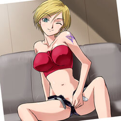 00s 1girls bandeau blonde_hair breasts female haruyama large_breasts light-skinned_female light_skin lowres lupin_iii navel pubic_hair rebecca_lambert short_hair solo tattoo tubetop unzip unzipping wink