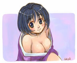 ai_yori_aoshi aoi_sakuraba blue_hair blush breasts cleavage copyright_request shiun short_hair smile