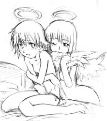 2girls barefoot bite biting female haibane_renmei monochrome multiple_girls panties rakka reki side-tie_panties sketch underwear wingjob wings yuri