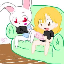 1boy 1girls 2008 animal_crossing animal_crossing_boy anthro balls blush bottomless female flaccid furry human male nintendo nintendo_ds penis pussy rabbit red_eyes red_hair ruby_(animal_crossing) sitting small_penis straight_hair villager_(animal_crossing)