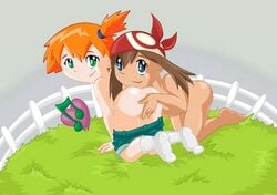 2girls ass bandana_only blue_eyes brown_hair female female_only green_eyes human human_only kasumi_(pokemon) may_(pokemon) multiple_girls nintendo orange_hair pokemon pokemon_rgby pokemon_rse red_bandana socks straight_hair white_socks yuri