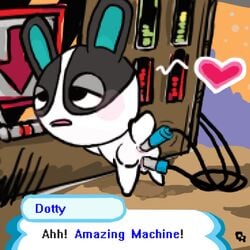 animal_crossing bent_over black_fur dotty_(animal_crossing) fur furry_tail heart insertion looking_aside machine mammal nintendo nude rabbit raised_tail sex_toy straight_hair tagme tail vibrator white_fur