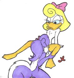 2girls black_eyes blonde_hair duck female fifi_la_fume furry jk licking loon multiple_girls no_humans shirley_the_loon skunk soft_feathers tiny_toon_adventures yuri