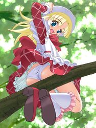 ashita_no_nadja ass blonde_hair blue_eyes branch from_below hand_on_hat hat in_tree long_hair nadja_applefield panties pantyshot pink_shoes porkpie_hat sasayuki sitting sitting_in_tree skirt solo tree trees underwear upskirt white_panties