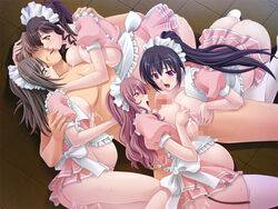 ass breast_press breasts censored clothed_female_nude_male clothing cum cum_inside double_paizuri female glasses harem huge_breasts kissing lactation large_breasts long_hair maid male miel multiple_females multiple_girls multiple_pregnancies nipples open_mouth paizuri penis pregnant pussy_juice skirt straight teamwork testicles waitress