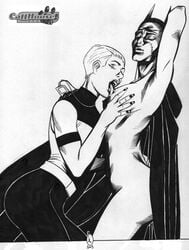 2003 2girls asian batgirl batgirl_(cassandra_cain) batman_(series) batman_beyond cassandra_cain catthouse_studios dc_comics dcau erect_nipples female female_only interracial licking max_gibson monochrome multiple_girls multiverse nipples roadkill_(catthouse_studios) tongue white_background yuri