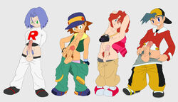 4boys backwards_baseball_cap baseball_cap blue_hair brown_hair camera erection ethan_(pokemon) green_eyes green_hair human james_(pokemon) male male_only multiple_males multiple_penises open_vest pants_down penis_size_difference pokemon presenting_penis puberty pubic_hair red_hair ritchie_(pokemon) shirt_removed tagme todd_snap topless trainer_(artist)