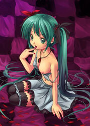 bra breasts checkerboard checkered finger_licking green_eyes green_hair hatsune_miku jewelry kichiroku licking lingerie long_hair nail_polish navel necklace nipples panties panty_pull petals sitting strap_slip thighhighs tied_hair tongue twintails underwear vocaloid world_is_mine_(vocaloid) zettai_ryouiki