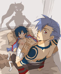 1girls 2boys anal anal_sex bed blush caught caught_in_the_act cuckquean femboy gay girly kamina leg_grab on_bed simon_(tengen_toppa_gurren_lagann) size_difference tagme tengen_toppa_gurren_lagann yaoi yoko_littner