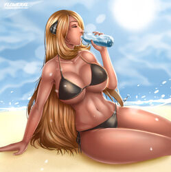 1girls abstract_background artist_logo beach beach_background belly big_breasts bikini bikini_top black_bikini blonde blonde_hair blue_sky breasts champion cleavage closed_eyes covered_breasts creatures_(company) curvy cynthia_(pokemon) daytime deviantart_username drinking_water female flowerxl game_freak hair_ornament hand_on_floor hips huge_breasts large_breasts legs light-skinned_female light_skin long_hair midriff navel nintendo ocean pokemon pokemon_dppt sand sitting solo straight_hair swimsuit thick_thighs thighs toned toned_female water