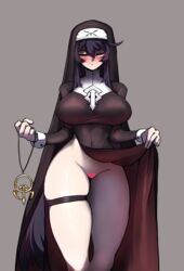 absurdres babo black_hair blush breasts censored closed_eyes female ginseng_(artist) gloves groin hair_between_eyes heart heart_censor highres jewelry jewelry_removed last_origin long_hair necklace necklace_removed no_panties nun solo thigh_strap veronica_type-asc very_long_hair white_gloves