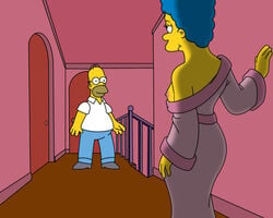 blue_hair breasts clothes color female homer_simpson human indoors male marge_simpson nipples standing tagme the_simpsons