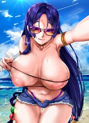 1girls aviator_sunglasses beach breasts cloud curvaceous curvy denim_shorts fate/grand_order fate_(series) female foxy_rain_(foxyreine) foxyrain_(foxyreine) foxyreine huge_breasts inverted_nipples large_breasts long_hair looking_at_viewer mature mature_female minamoto_no_raikou_(fate/grand_order) minamoto_no_raikou_(swimsuit_lancer) naughty_face no_bra outdoors pink-tinted_eyewear purple-tinted_eyewear purple_eyes purple_hair sand shiny_skin short_shorts shorts sky snapchat sunglasses thick_thighs tinted_eyewear