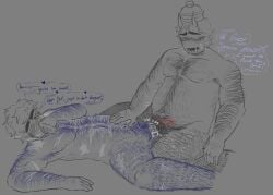 007n7_(forsaken) blue_hair body_hair dialogue drooling fat_male forsaken_(roblox) frottage glasses guest_1337_(forsaken) horns male scars scars_all_over silly_ensue sweatdrop