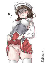 blush breasts brown_eyes brown_hair censored cowboy_shot disgust ebifurya female glasses gluteal_fold groin hat highres kantai_collection lifted_by_self long_hair long_sleeves looking_at_viewer medium_breasts no_panties pince-nez pleated_skirt pubic_hair pussy red_skirt roma_(kantai_collection) shaded_face short_hair simple_background skirt skirt_lift solo standing thighhighs translation_request twitter_username white_background white_legwear