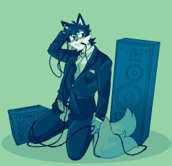 2022 absurd_res anthro balls black_eyes black_nose blue_hair blush bodily_fluids bottomwear cable cel_shading clothed clothed_male clothing collared_shirt countershading domestic_cat dress_shirt erection eyewear felid feline felis fully_clothed fully_clothed_male fur genital_fluids genitals glasses green_background green_body green_fur green_necktie hair hand_behind_head hi_res holding_cable holding_wire kneeling leaning leaning_backward looking_aside male mammal necktie notched_ear pants penis penis_poking_out penis_through_fly precum precum_on_penis pubes rectangular_glasses shaded shirt simple_background solo speaker suit suit_jacket theslutyfox three-quarter_view topwear white_body white_dress_shirt white_fur