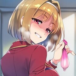 absurd_res absurdres ai_generated blonde_hair blush breasts classroom_of_the_elite color condom cum cum_in_condom darklust female hi_res high_resolution highres holding_used_condom human kushida_kikyou large_breasts motion_blur motion_lines novelai red_eyes school_uniform self_upload semen speed_lines sweat tagme uncensored used_condom youkoso_jitsuryoku_shijou_shugi_no_kyoushitsu_e