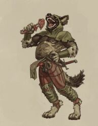 2025 absurd_res african_wild_dog animal_genitalia animal_penis anthro balls belt bone bottomwear canid canine canine_genitalia canine_penis chaps clothing cowl digital_media_(artwork) eating erection facial_piercing fluffy fluffy_tail genitals gnoll hi_res hood hyena knot loincloth male mammal momamo muscular muscular_anthro muscular_male nipple_piercing nipples nose_piercing penis piercing sheath simple_background slightly_chubby solo spots standing tail tterra weapon