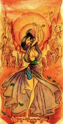 ame-no-uzume ame-no-uzume_(shinto_religion) big_breasts breasts breasts_out bright_colors cheering crowd crowd_watching dancing japanese japanese_clothes japanese_female japanese_mythology milf stripped_naked stripping thighs