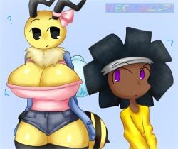 1boy 1girls ? ??? annabee_(woebeeme) antennae anthro bee bee_girl big_breasts bonnet breasts casual_clothes dark-skinned_femboy dark-skinned_male dark_skin female femboy imminent_sex insects kako_(nec-12) looking_at_another male nec-12 nec-12's_imaginary_friends purple_eyes smiley_face tail to_be_continued watermark wings woebeeme_(fanarts) yellow_body