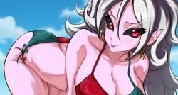 android_21 android_21_(evil) ass_in_air big_breasts bikini busty cleavage dragon_ball dragon_ball_fighterz earrings on_all_fours pink_skin pointy_ears red_eyes swimsuit takundraws white_hair