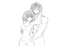 1boy 1boy1girl 1girl1boy 1girls abs asian asian_female bikini black_hair blush breasts crossover crossover_pairing crossover_ship crossover_shipping female female/male grabbing_chest grabbing_neck kengan_ashura kill_la_kill looking_at_partner male male/female matoi_ryuuko muscular muscular_male red_highlights ryukohma short_hair shorts studio_trigger teenage_girl teenager tokita_ohma tomboy