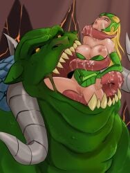 absurd_res big_breasts black_sclera blonde_hair bodily_fluids breasts closed_eyes crossover duo enchantress_(marvel) female female_prey final_fantasy final_fantasy_xi green_body green_skin hair hi_res horn human humbaba long_hair long_tongue male male/female male_pred mammal marvel marvel_comics monster nipples open_mouth saliva sharp_teeth size_difference square_enix teeth thor_(series) tinkerbomb tongue tongue_around_body vore yellow_eyes