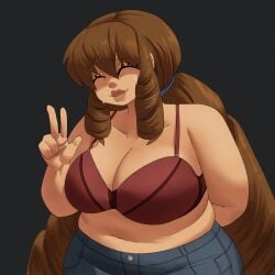 arm_behind_back belly bra breasts brown_hair cleavage closed_eyes closed_mouth clothing coolerinker denim drill_hair fat female female female_only hair_between_eyes huge_breasts inker_comics inkershike jeans large_breasts lips long_hair maria_(inkershike) mature mature_female midriff navel pants plump red_bra sidelocks smile solo thighs underwear v very_long_hair