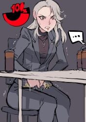 ... 1girls about_to_pee ass biku blush breasts brown_eyes business_woman clenched_teeth earrings female have_to_pee long_hair necklace pants persona persona_5 persona_5_royal sae_niijima silver_hair sitting sitting_on_chair sweat urine_meter