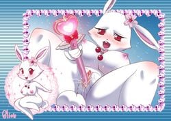 anthro big_breasts blush breasts cherry cherry_blossom clitoris ejaculation female fluffy fluffy_tail food fruit fur glion heart jewelpet jewelpet_(species) jewelry lagomorph long_ears magic_wand mammal masturbation necklace orgasm penetration plant pussy pussy_ejaculation pussy_juice rabbit red_eyes ruby_(jewelpet) sanrio solo sparkle vaginal_penetration white_fur