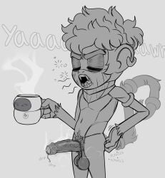 2025 5_fingers absurd_res accessory anthro balls bang_the_monkey beverage biped bodily_fluids body_hair closed_eyes coffee container cup dibujito disney dripping ear_piercing ear_ring english_text erection eve_(wall-e) eyebrows fan_character fangs fingers foreskin fur furgonomics genital_fluids genitals grey_text greyscale hair hairy_balls haplorhine hi_res holding_container holding_cup holding_mug holding_object humanoid_genitalia humanoid_penis jewelry male male_anthro mammal monkey monochrome morning morning_wood mostly_nude mostly_nude_anthro mostly_nude_male mug navel open_mouth partially_retracted_foreskin penis piercing pixar precum precum_drip primate pubes retracted_foreskin ring ring_piercing scarf scarf_only scratching_butt sega short_hair side_view solo sonic_the_hedgehog_(series) sound_effects standing steam tail tail_accessory tail_jewelry tail_ring teeth text thick_eyebrows uncircumcised urethra vein veiny_penis wall-e white_text yawn