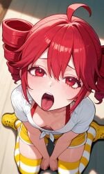 1girls ai_generated birdbrain_(vocaloid) crocs drill_hair imminent_fellatio kasane_teto kneeling kneeling_oral_position kosine1777 red_hair shirt small_breasts striped_stockings synthesizer_v tied_shirt tongue_out twin_drills utau vocaloid white_shirt