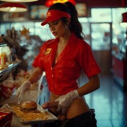 3d 3d_(artwork) ai_generated ass awkward big_ass big_breasts black_hair breasts burger cleavage cum cum_on_food cumplay dark-skinned_futa dark_skin embarrassed exposed_penis fast_food food food_fetish food_play fries functionally_nude futanari gloves handjob hat hips huge_breasts jerking jerkingoff jizz large_breasts latina masturbation mcdonald's mcdonald’s pants_down partially_clothed ponytail public public_exposure public_indecency public_masturbation public_nudity restaurant semen shy solo standing tagme tan_body tan_skin thick_thighs thighs thin_waist uniform wide