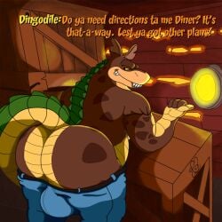 1boy 4_fingers absurd_res activision anthro ass barely_visible_perineum belt big_ass big_bulge big_butt bottomwear bottomwear_down box brown_body bulge canid canine canis clothed clothing container crash_(series) crocodile crocodilian dialogue dingo dingodile ears_up fingers half-closed_eyes hi_res hybrid looking_back male male_only mammal narrowed_eyes overweight overweight_anthro overweight_male pants pants_down partially_clothed presenting presenting_hindquarters reptile scalie smile smirk solo tail talking_to_viewer teeth text topless topless_male waniiime wood yellow_body yellow_sclera