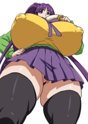 1girls banana below_view big_breasts breasts breasts_bigger_than_head duo_kawa eiken female huge_breasts kirika_misono looking_down no_panties purple_hair pussy thick_thighs