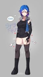 artist_name black_boots black_gloves black_shirt black_thighhighs blue_eyes blue_hair blue_vest blush boots breasts closed_mouth commentary elbow_gloves english_commentary female gloves grey_background heart highres knee_boots large_breasts no_panties original purple_hair pussy pussy_juice scrapy_(greenyscrapy) shirt simple_background solo speech_bubble spoken_heart thighhighs thought_bubble uncensored vest