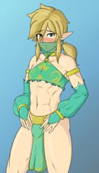 1boy abs alternate_costume ambush_(trap) androgynous blonde blonde_hair blue_background blush blushing breath_of_the_wild bulge canon_crossdressing choker clothing crossdressing earrings femboy feminization gerudo_link gerudo_sirwal gerudo_top gerudo_veil girly green_eyes highres hourglass_figure hylian link link_(breath_of_the_wild) looking_at_viewer male male_only muscular_femboy muscular_trap navel nervous penis penis_under_clothes pointy_ears ponytail sealguy shy sissy sissyfication solo the_legend_of_zelda thick_legs trap video_game video_games