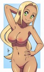 1girls areolae arm_up armpits bare_shoulders belly bikini blonde_hair blue_background breasts cleavage dark-skinned_female dark_skin dmy-gfx edit edited eyelashes female female_only green_eyes hand_on_hips human human_only long_hair looking_at_viewer midriff misusage navel nintendo nipples npc_trainer nude pokemon pokemon_xy pussy smile solo swimmer_(pokemon) swimmer_(pokemon_xy) text thin_waist watermark white_border wide_hips