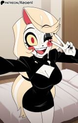 1girls accurate_art_style ai_generated bed bedroom black_dress black_nails blonde_female blonde_hair blush blush_stickers breasts charlie_morningstar_(hazbin_hotel) choker cum cum_in_mouth cum_on_body cum_on_breasts cum_on_face demon demon_girl dress eyeshadow fangs female happy hazbin_hotel hi_res high_heels keoenl legs long_hair makeup nails on_floor one_eye_closed pale-skinned_female pale_skin patreon peace_sign red_eyes ruined_makeup running running_mascara runny_makeup selfie selfie_pose solo stading thick_thighs v_sign vivziepop white_body wide_hips wink yellow_sclera
