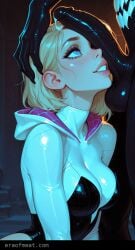 1boy 1girls ai_generated balls big_penis black_penis blonde_hair erection female gwen_stacy hand_on_head looking_up male marvel meat_master on_knees penis penis_on_face short_hair smile venom venom_(marvel)
