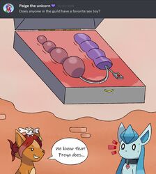 2018 ask_blog blue_body blue_fur canine case collar dialogue dildo eeveelution english_text female flabébé freya_howell fur glaceon grin hi_res mammal nervous nintendo orange_body orange_fur pokemon pokemon_(species) pokemon_mystery_dungeon reallydarkandwindie red_fur sex_toy sidra_romani simple_background smile speech_bubble sweat text video_games vulpix wanderlust