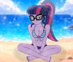 1girls 2025 accurate_art_style beach bikini bikini_top blue_striped_bra breasts cleavage deviantart deviantart_link emeraldblast63 equestria_girls female female_protagonist friendship_is_magic glasses hasbro human large_breasts long_hair my_little_pony no_ai ponytail purple_body purple_eyes purple_toenails sci-twi sitting sitting_on_ground sitting_on_sand solo star striped_bikini striped_bikini_top striped_bra summer three_tone_hair toenail_polish twilight_sparkle_(eg) twilight_sparkle_(mlp) western_cartoon