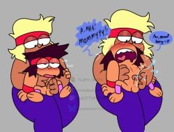 blushing_profusely carol_(ok_k.o.!_let's_be_heroes) carol_kincaid ejaculation handjob k.o._(ok_k.o.!_let's_be_heroes) mother_and_son ok_k.o.!_let's_be_heroes on_lap small_penis