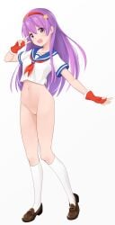 absurdres asamiya_athena blue_sailor_collar bottomless cleft_of_venus female fingerless_gloves full_body gloves hairband highres kneehighs long_hair mary_janes mito_engine navel neckerchief open_mouth purple_eyes purple_hair pussy red_gloves red_hairband red_neckerchief sailor_collar shirt shoes short_sleeves socks solo standing the_king_of_fighters v white_background white_shirt white_socks