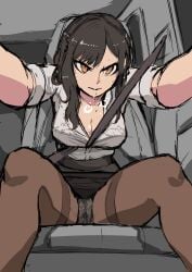 1girls biku black_hair black_pantyhose black_skirt bra bra_peek bra_visible_through_clothes breasts car car_interior cleavage driving female have_to_pee large_breasts office_lady original original_character panties panties_under_pantyhose pantyhose skirt solo underwear white_bra white_panties