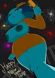 1girls 2019 alcohol alien aquamarine_(steven_universe) big_areola big_breasts big_nipples blue_eyes blue_hair blue_skin bottomless breasts busty cartoon_network champagne cleavage female female_only fingernails fireworks gem_(species) glass hoshime hourglass_figure looking_at_viewer looking_down new_year night outdoors pussy_juice sequin_dress solo steven_universe teasing text undressing upskirt vagina voluptuous wide_hips wine wine_glass wink worm's-eye_view