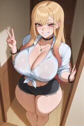 1girls ai_generated blonde_hair breasts cutoff_shorts denim female female_only gyaru hi_res huge_breasts indoors kitagawa_marin light-skinned_female light_skin long_hair looking_at_viewer nail_polish red_eyes red_nails smile solo sono_bisque_doll_wa_koi_wo_suru stuffyai thick_thighs thighs wide_hips