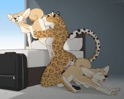 anthro anus bed biped breasts butt butt_chugging canid canine chugging dildo dildo_in_vagina dildo_insertion double_dildo felid female female/female female_penetrated female_penetrating fennec_fox fox furniture group group_sex hi_res jaguar jishinu kneeling larger_female looking_back mammal markings multicolored_body nipples nude open_mouth oral pantherine penetration pillow pupils pussy sex sex_toy sex_toy_in_vagina sex_toy_insertion sharing_dildo sharing_sex_toy size_difference smaller_female smile spots spotted_body thick_thighs threesome trio true_fox vaginal_penetration