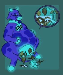 3_fingers anthro belly big_belly bodily_fluids bovid bovine caressing_belly cattle crouching fingers gastropod hi_res hooves infestation inflation intersex jrodslammer lactating looking_pleasured mammal milk mollusk parasite purple_body slug solo solo_focus teats tongue tongue_out udder_infestation udder_penetration udder_vore udders vore